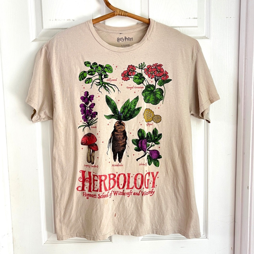 Harry Potter Herbology T Shirt L Unisex Beige Wizardcore Botanical Mandrake
